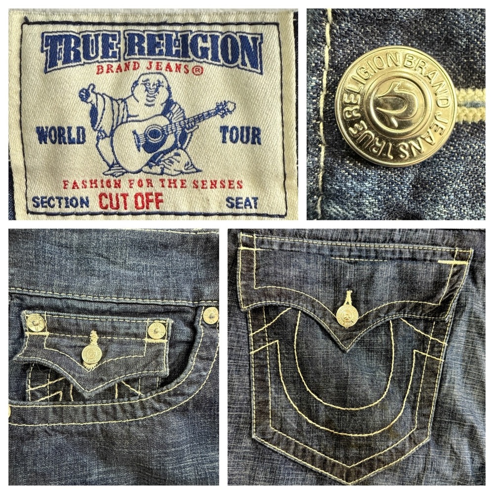 True Religion Shorts Mens 36 Denim Y2K Straight Cut Off W Flaps Frayed Raw Indie - Picture 2 of 8